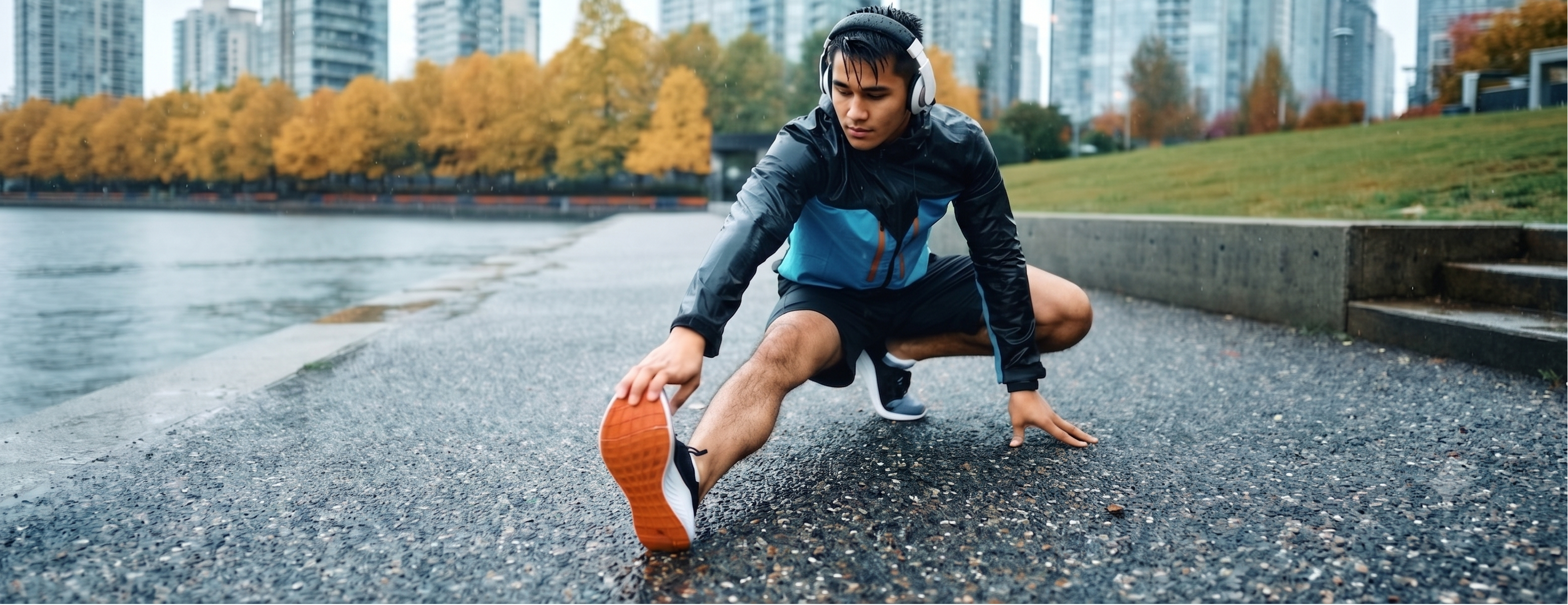 Man stretching outdoors by a waterfront with city skyline in the background